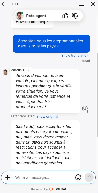 Capture d'écran du service client sur Casombie