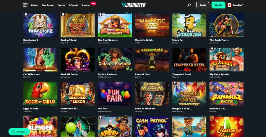 Interface des jeux Casinozer montrant des machines à sous