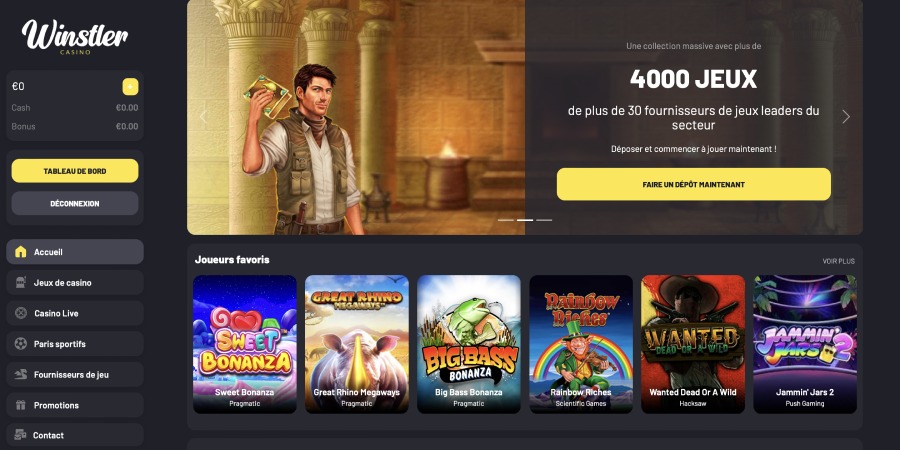 capture d'écran page d'accueil winstler casino