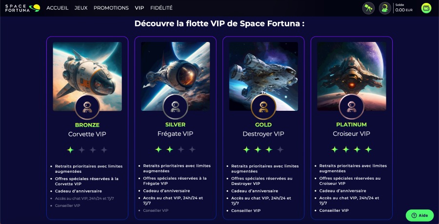 capture d'&eacute;cran programme vip space fortuna casino