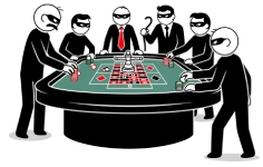 illustration d'une table de roulette entourée de joueurs douteux