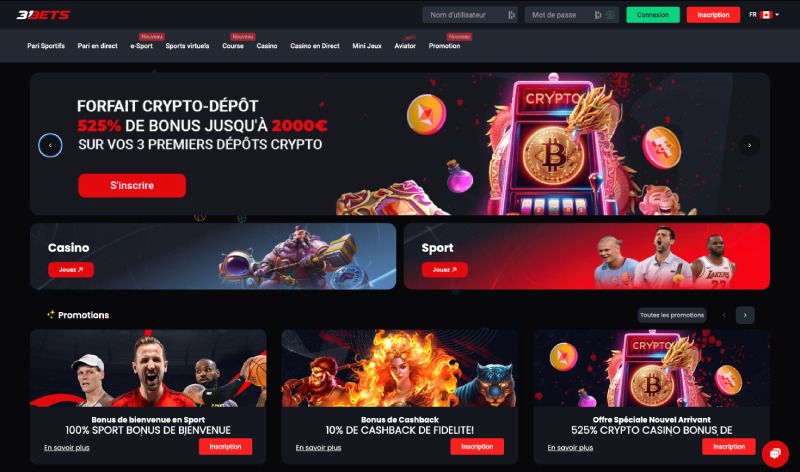 capture d'&eacute;cran 31bets casino page d'accueil