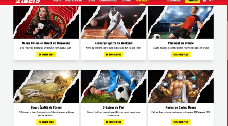 capture d'écran promotions 21bets casino