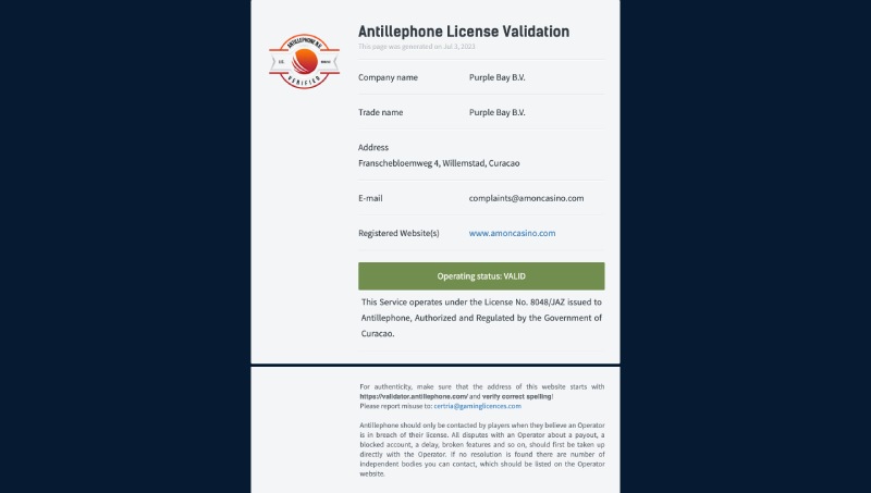 capture d'écran licence curacao amon casino