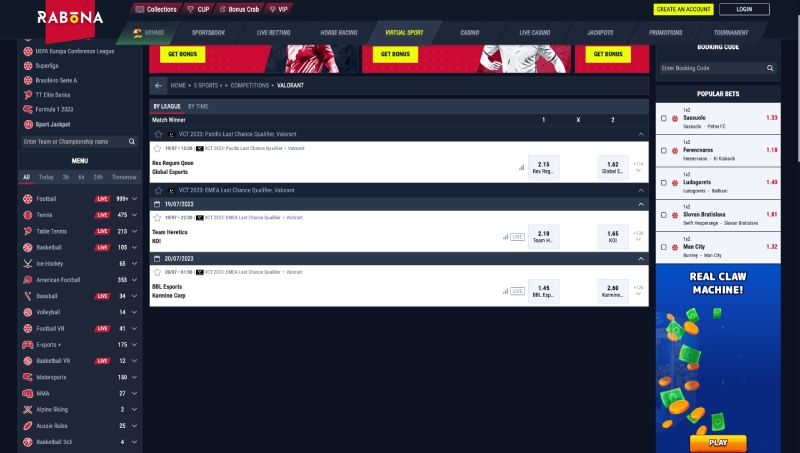 capture d'écran parier valorant sur rabona casino
