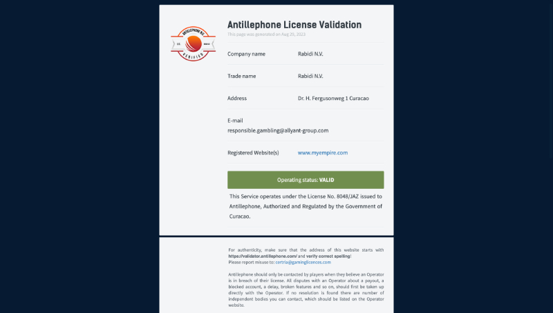 capture d'&eacute;cran licence curacao de myempire casino