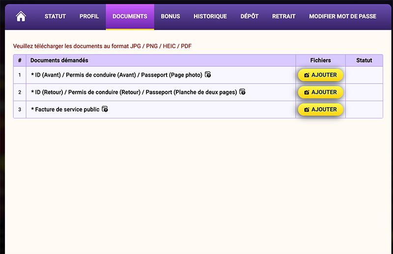 donner justificatif avant le retrait des gains document validation cazino stars