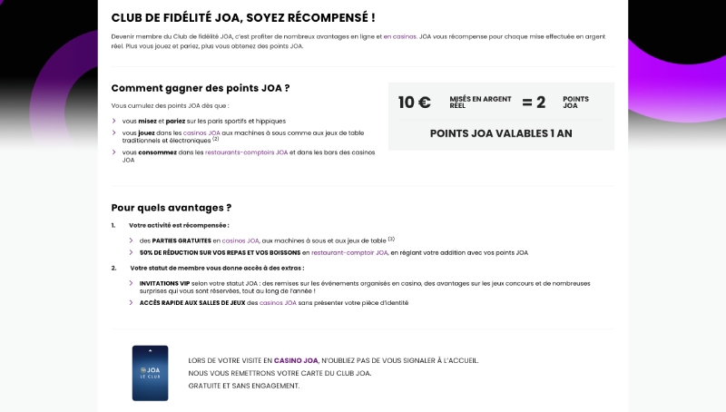capture d'écran club de fidelite joabet