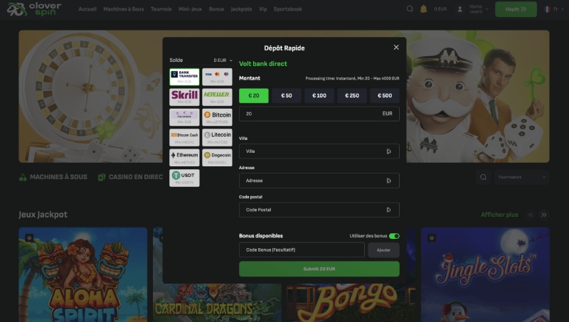 capture d'écran dépôt cloverspin casino