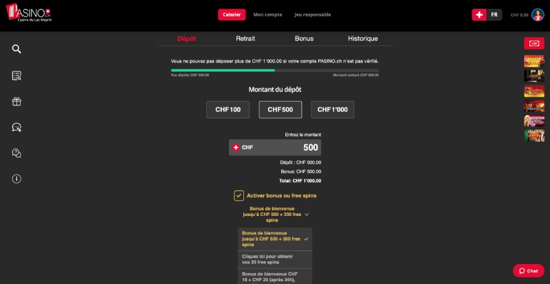 capture d'écran dépôt pasino casino