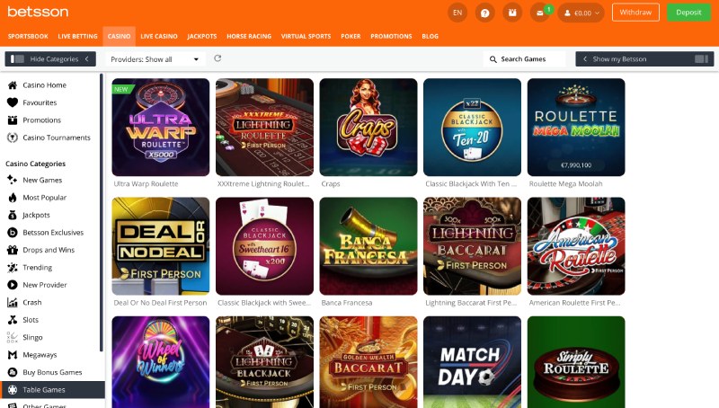 capture d'écran jeux de table betsson casino