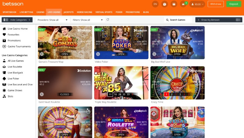 capture d'écran live casino betsson casino