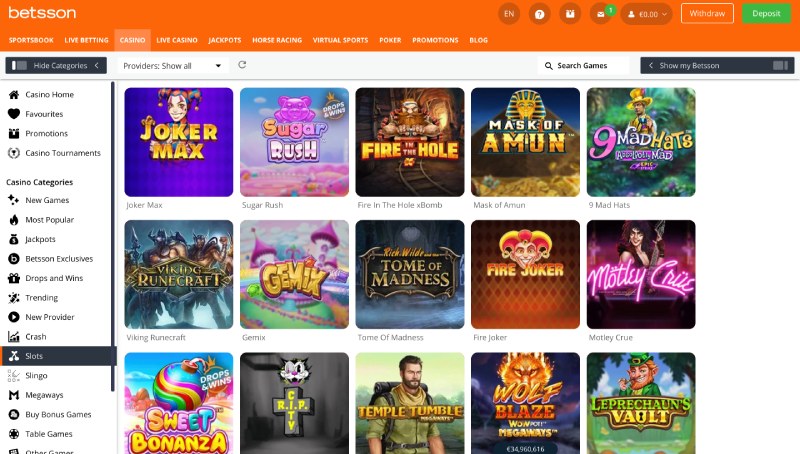 capture d'écran machine à sous betsson casino