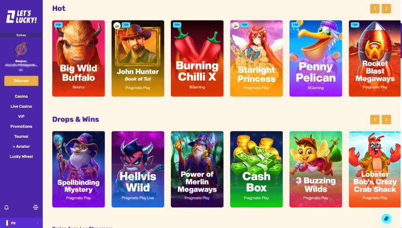 capture d'écran machines a sous letslucky casino