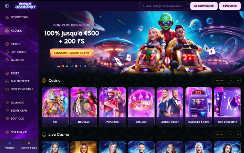 capture de'&eacute;cran novajackpot casino page daccueil