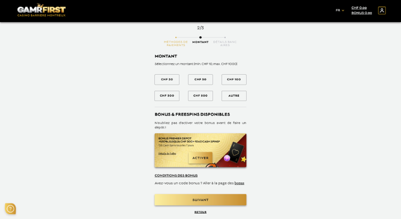 capture d'écran dépôt gamrfirst casino