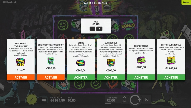 capture d'&eacute;cran fonction achat bonus slot chaos crew 2