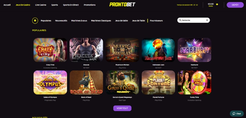 capture d'&eacute;cran jeux de casino prontobet