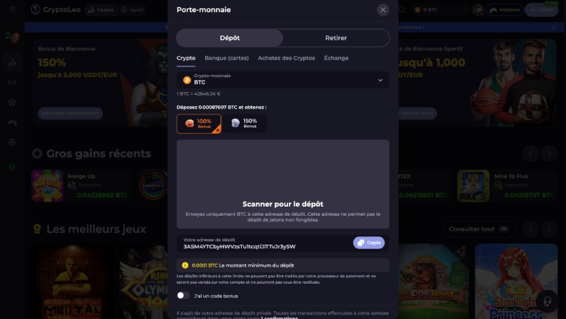 capture d'écran dépôt cryptoleo casino