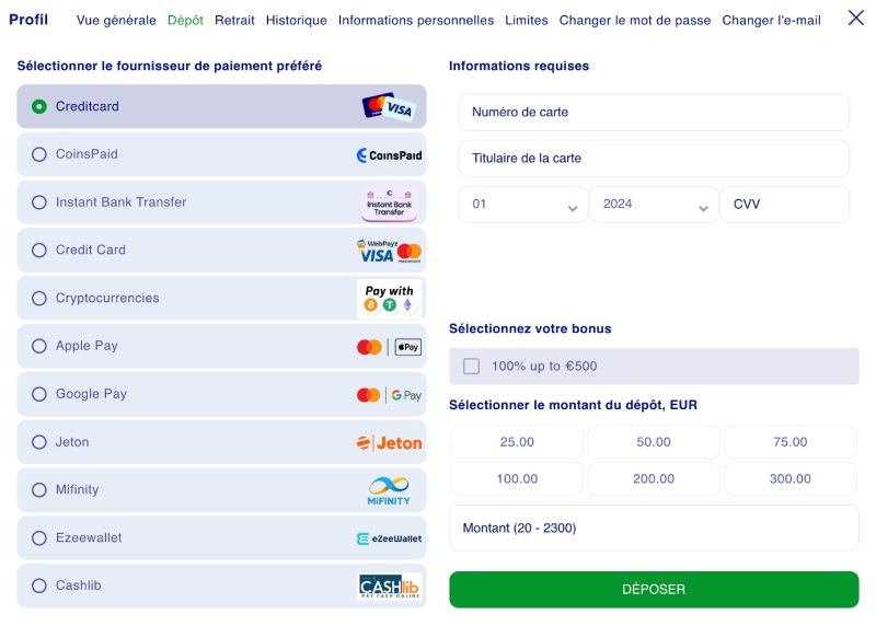 capture d'écran dépôt bluvegas casino