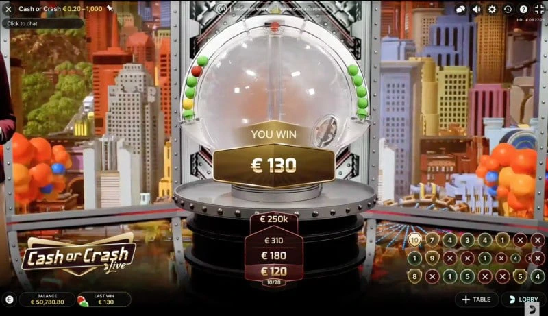 capture d'écran d'une partie gagnée sur cash or crash live