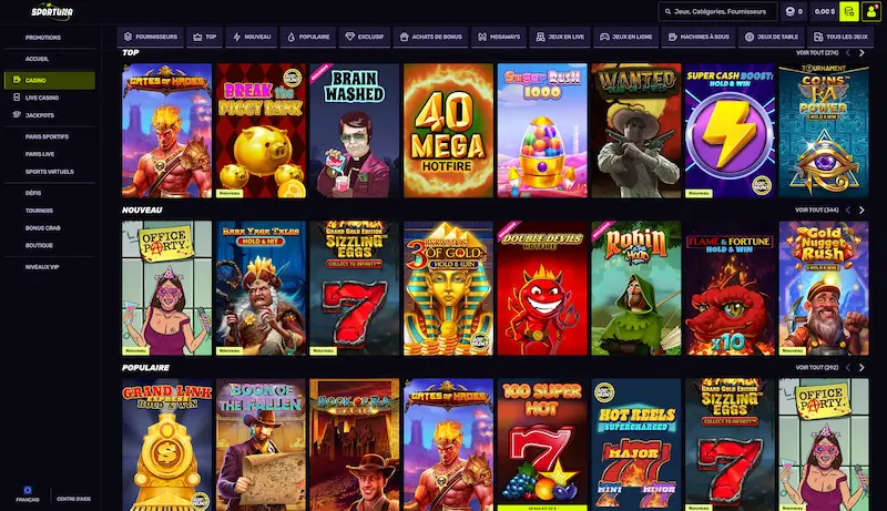 Capture d'écran des jeux de casino sur Sportuna