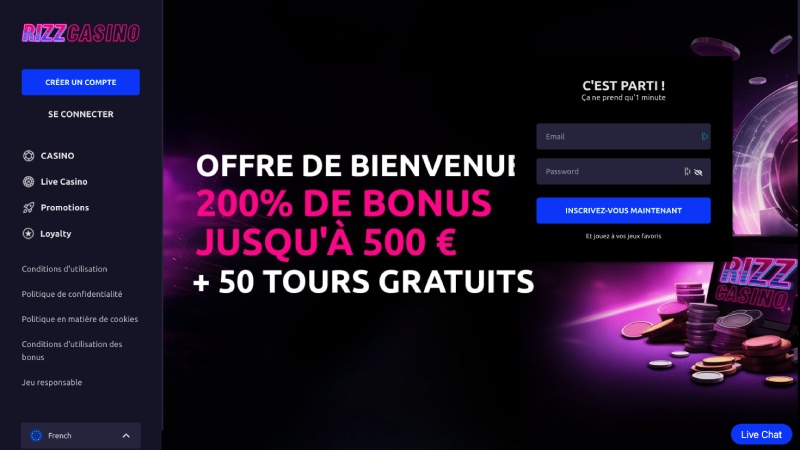 capture d'écran page daccueil rizz casino