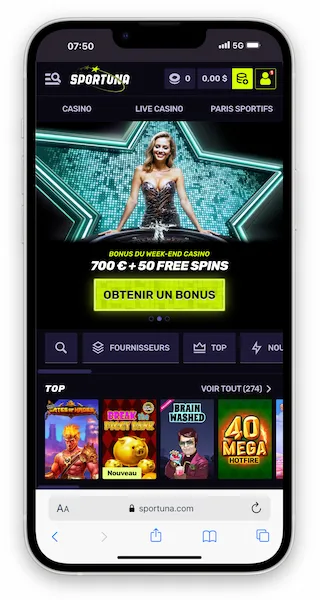 Capture d'écran de l'interface de Sportuna sur mobile