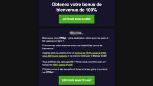 capture d'&eacute;cran email de confirmation inscription rtbet casino