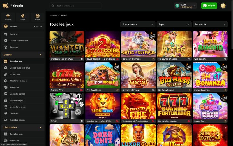 capture d'&eacute;cran fairspin casino jeux de casino