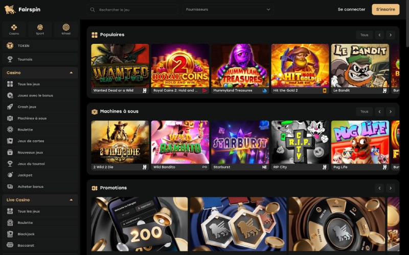 capture d'écran fairspin casino page d'accueil