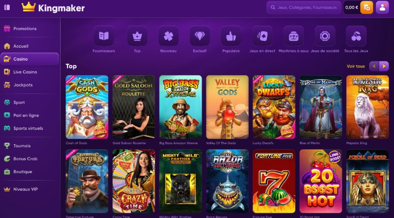 Screenshot der Kingmaker Casino Oberfläche