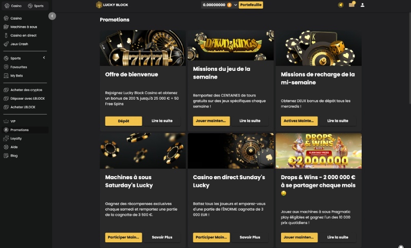 capture d'écran lucky block casino promotions et bonus
