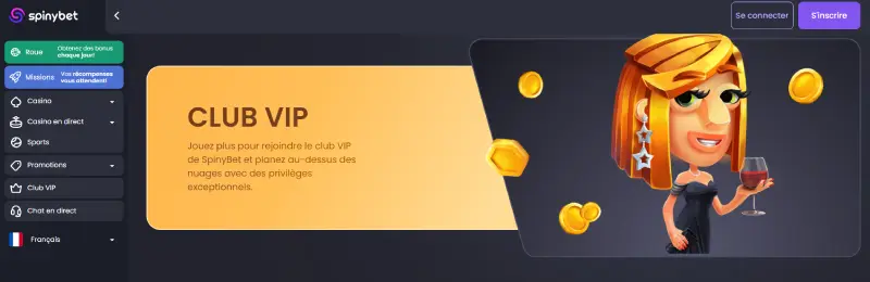 Capture d'&eacute;cran du programme VIP de Spinybet