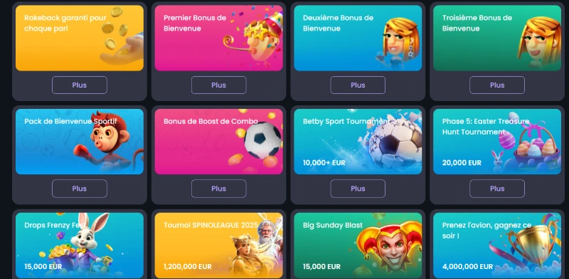 Capture d'&eacute;cran des promotions sur Spinybet