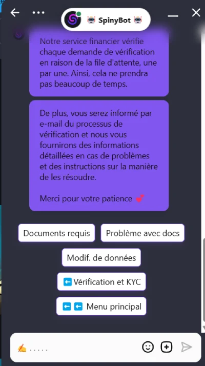 Capture d'&eacute;cran d'un &eacute;change avec le service client de Spinybet