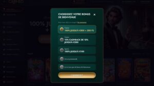 capture d'&eacute;cran cashed casino choix du bonus de bienvenue