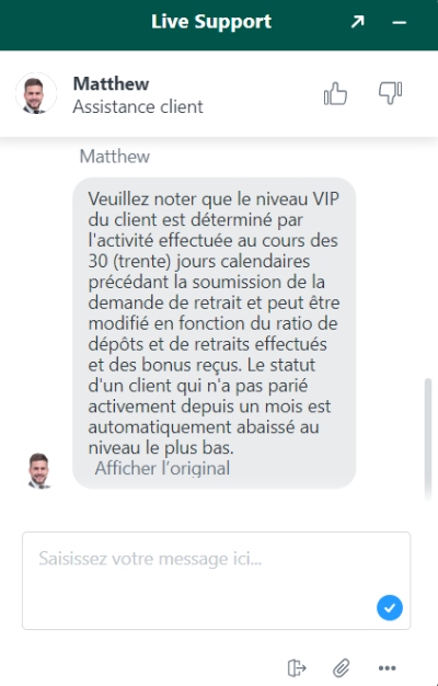 capture d'&eacute;cran cashed casino support client
