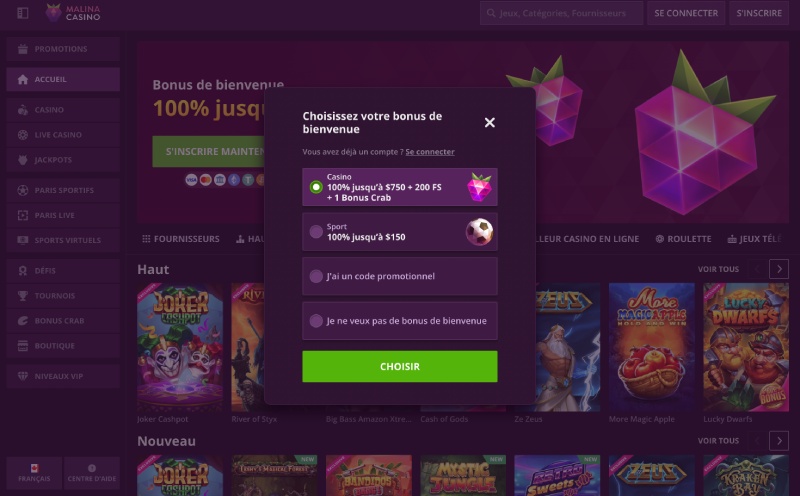 Pantalla de selección del bono de bienvenida en Malina Casino mostrando opciones