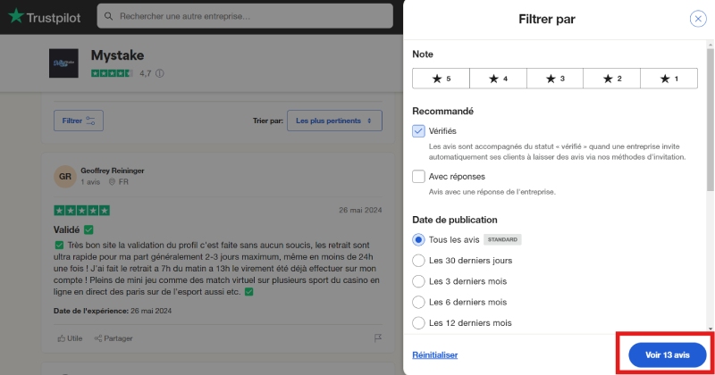 capture d'écran trustpilot avis mystake casino