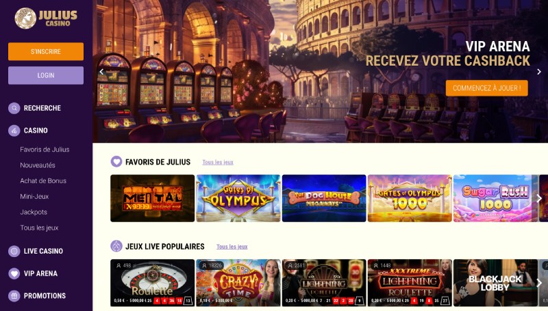 capture d'écran page d'accueil julius casino