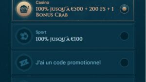 capture d'écran slotuna casino choix du bonus