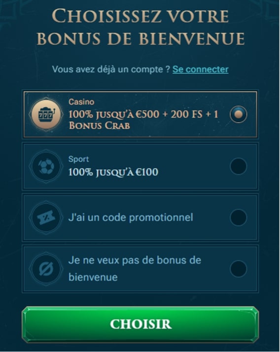 Pantalla de selección de bono en Slotuna casino