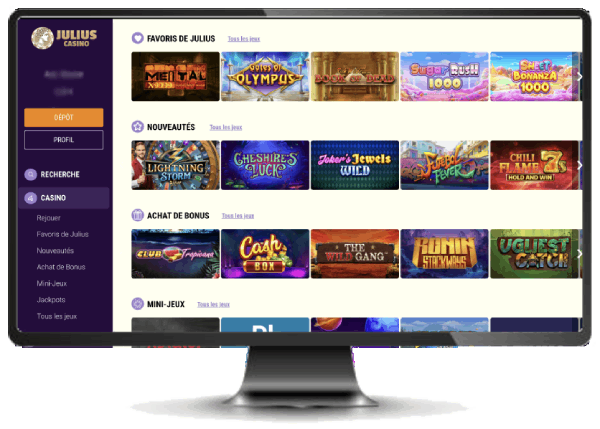 Interface du site Julius Casino montrant les jeux et promotions