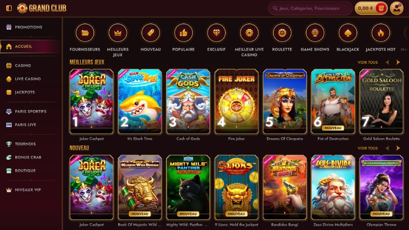 capture d'&eacute;cran grandclub casino jeux de casino