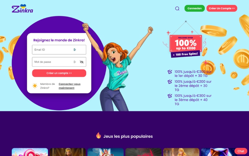 capture d'écran zinkra casino page daccueil