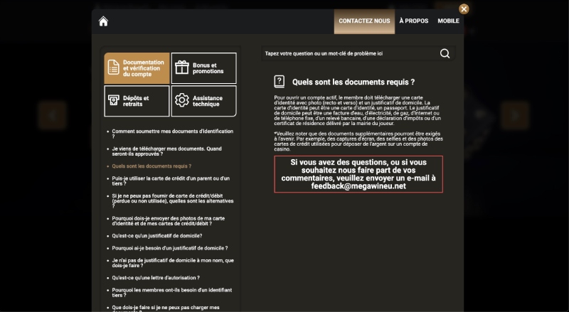 capture d'écran megawin casino support client