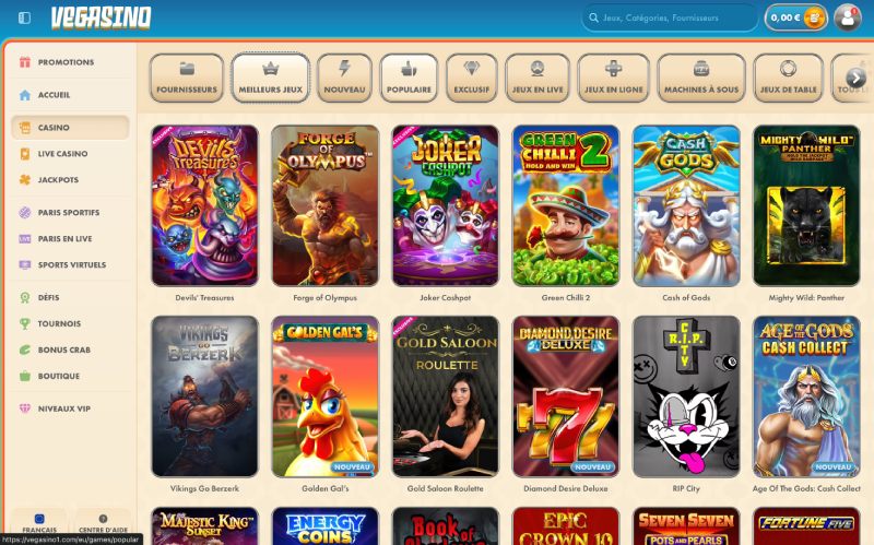 capture d'&eacute;cran vegasino jeux de casino
