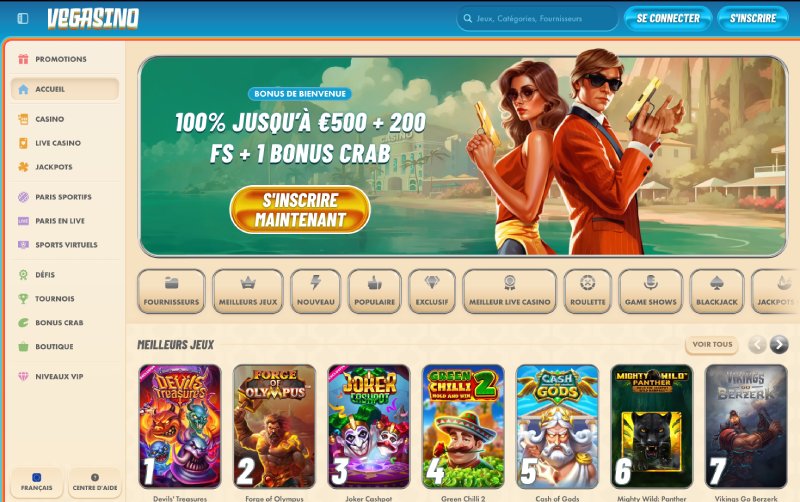 Capture d'écran de la page d'accueil du casino Vegasino montrant l'interface des jeux et les promotions.