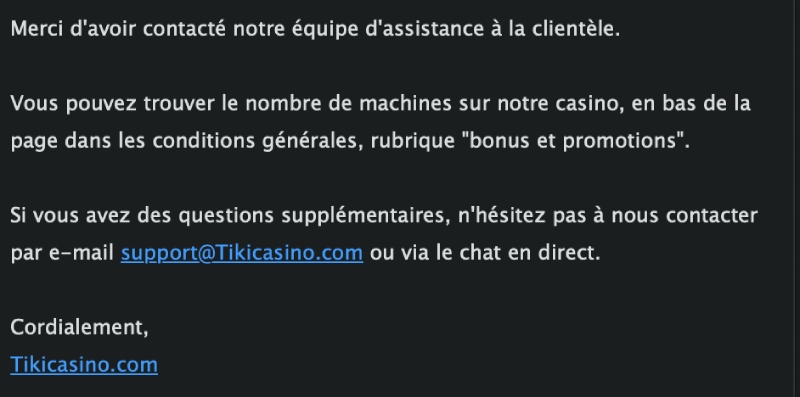 capture d'&eacute;cran support client casino tiki